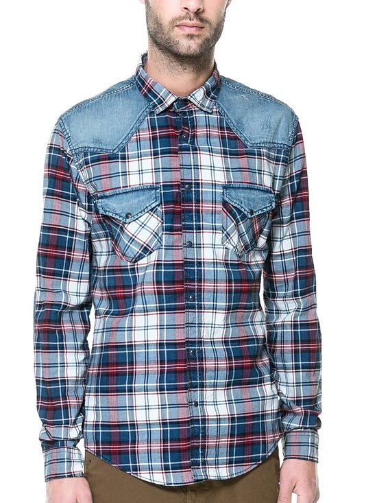 Zara Other - Zara Man Slim Fit Plaid Button-Up Shirt Denim Red White Blue 4th of July SM/MED